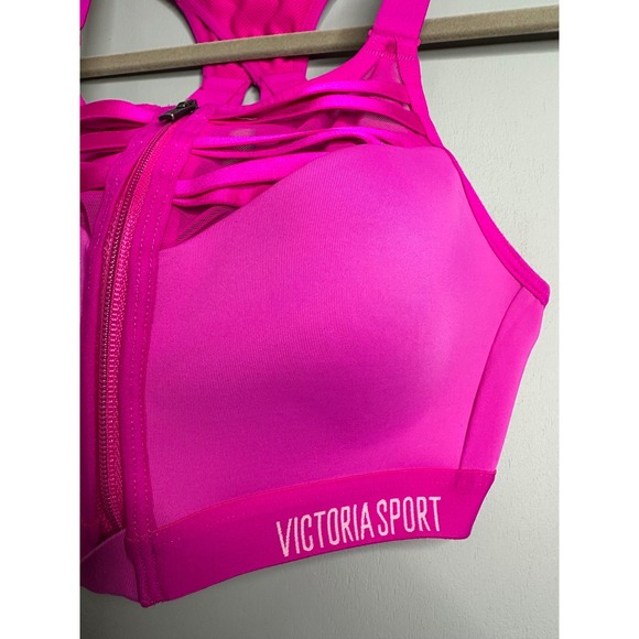 Victoria Secret Sport Hot Pink Front Zip Strappy Sports Bra Size 32C - Picture 2 of 10